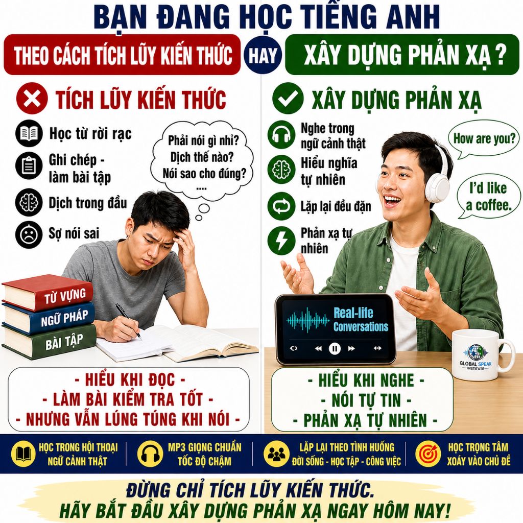 Bạn đang học tiếng anh theo cách tích lũy kiến thức hay xây dựng phản xạ?